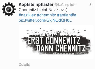 johannesgrunert's tweet photo. Nur, damit hinterher niemand sagt, er habe von keiner Bedrohung gewusst. #Chemnitz #le1101 https://t.co/SmbphKOHv7
