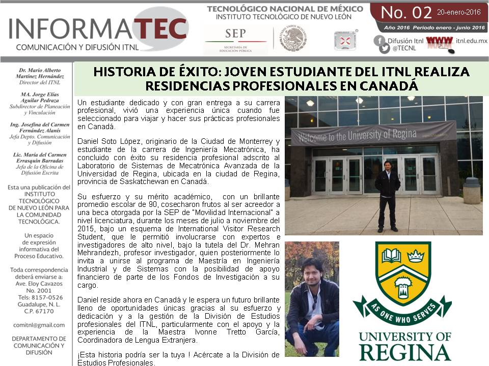 TECNL's tweet photo. Noticias: Historia de éxito. Joven estudiante del #ITNL realiza sus residencias profesionales en Canadá. https://t.co/FVvy3eYxSz