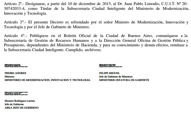Ya es oficial la designación para trabajar en #CiudadInteligente <a href="/gcba/">Buenos Aires Ciudad</a> Gracias <a href="/horaciorlarreta/">Larreta</a> @andyfreire