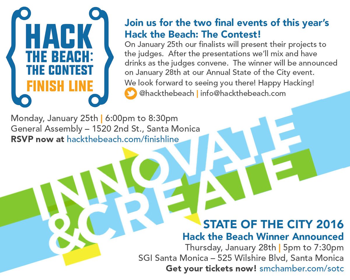 govaffairs's tweet photo. Venue Change:  #HackTheBeach Finish Line now at @GA_LA  
1520 2nd St
Mon, Jan 25  6pm 
RSVP https://t.co/LVtkZI2f92 https://t.co/3IQ7wFQQYE