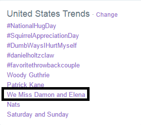 delelunas's tweet photo. We Miss Damon And Elena trending at #8 in US!!! @julieplec @carolinedries @TVDWriters @rsonnenshine @cwtvd https://t.co/M2qtSgBy5T