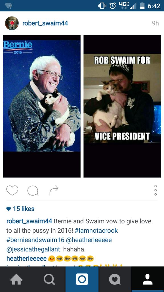 RobertSwaim's tweet photo. #BernieSanders and I vow to give love to all the pussy in 2016! #Instagram https://t.co/cNhBxeimKi