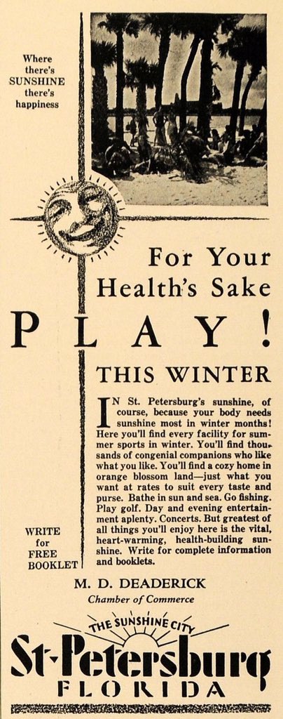 OldStPete's tweet photo. Advertisement promoting St. Petersburg Tourism (1929) https://t.co/VMD99QZytU