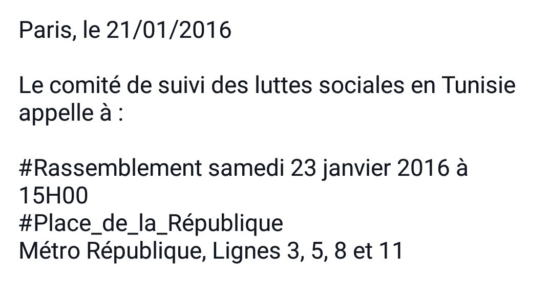 ADTF_'s tweet photo. Rassemblement de solidarité le 23/01/2015 15h #republique #paris
#Kasserine #Tunisie
@FAOUELRAOUDHA @TarekToukabri https://t.co/a5sD1gxCjt