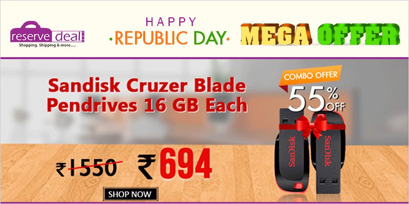 Reservedeal's tweet photo. #Repubicday MegaOffers - Sandisk Cruzer Blade #Pendrives 16GB Each Only Rs. 694 #Reservedeal https://t.co/O7cFyXCpzt https://t.co/76D8e4aXNK