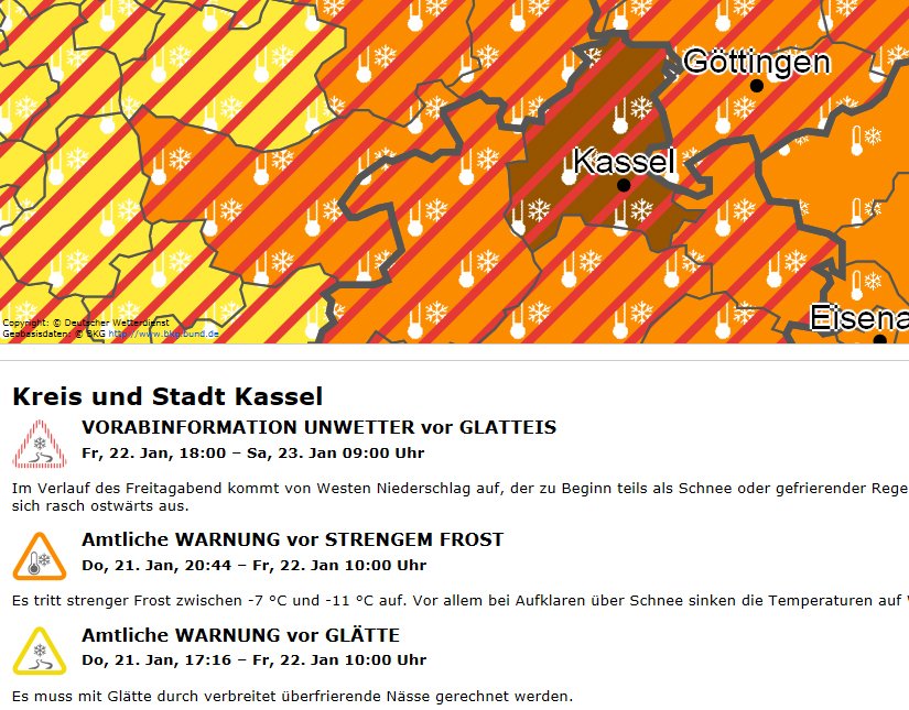 Achtung, heute Abend wird es glatt auf den Straßen. Seid bitte vorsichtig! #kassel #dwd #WarnWetter (eul) https://t.co/w07yWkod24