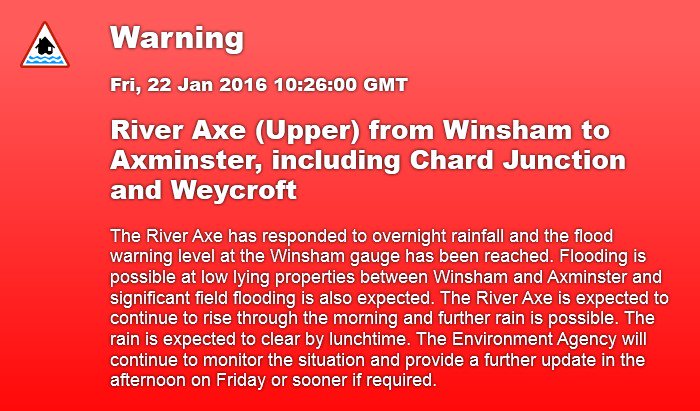 FloodAlerts's tweet photo. Flood Warning, 10:26AM 22/01/2016, River Axe (Upper) from Winsham to Axmin..., https://t.co/b3lLK7XjA2 #floodaware https://t.co/FgJuZ6TAet