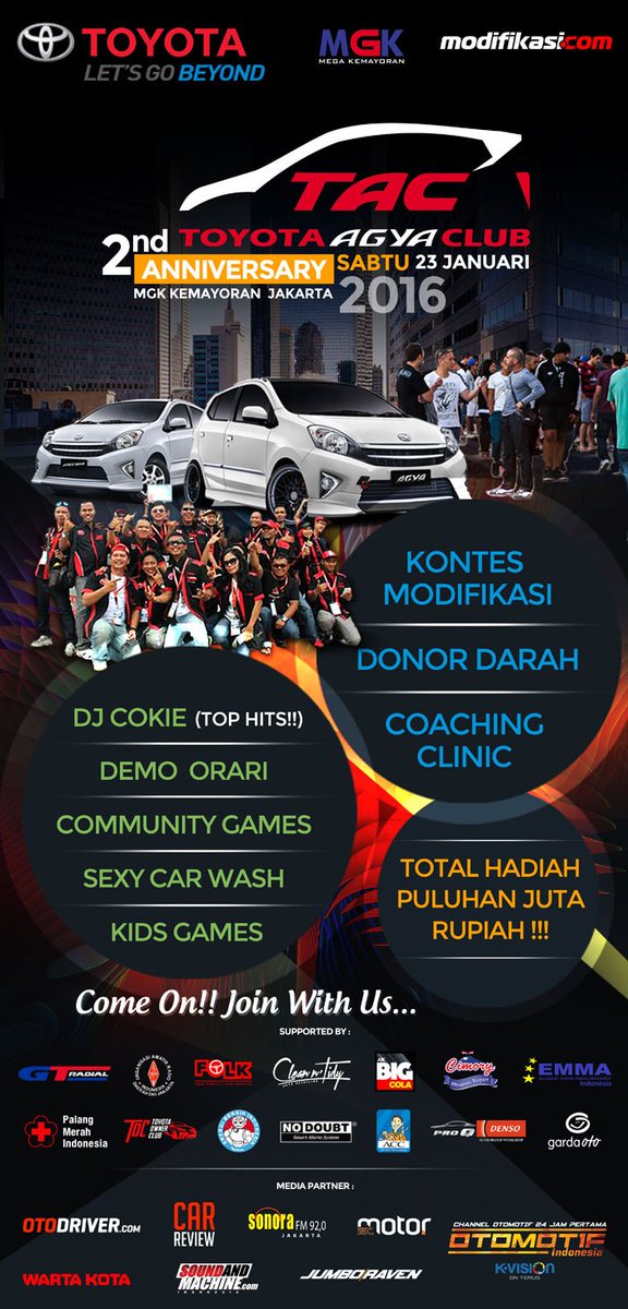 #TAC2ndAnniversary #AXICrakom <a href="/agyaclub_id/">indocmm</a> <a href="/ToyotaID/">Toyota Indonesia</a> <a href="/DaihatsuInd/">Daihatsu Indonesia</a> <a href="/AXICinfo/">infoAXIC</a> <a href="/Modifikasicom/">Modifikasi.com</a> <a href="/SonoraFM92/">Radio Sonora Jakarta</a> <a href="/palangmerah/">Indonesian Red Cross</a>