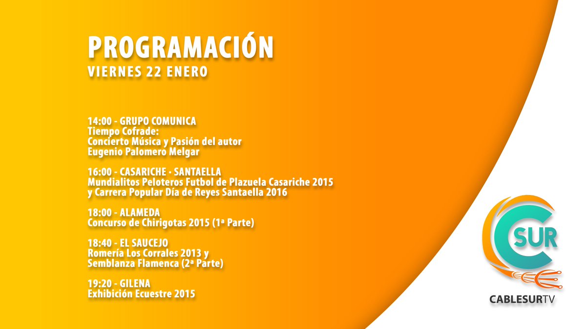 Cablesur_TV's tweet photo. PROGRAMACIÓN
VIERNES 22 ENERO https://t.co/WPUCapOgmR