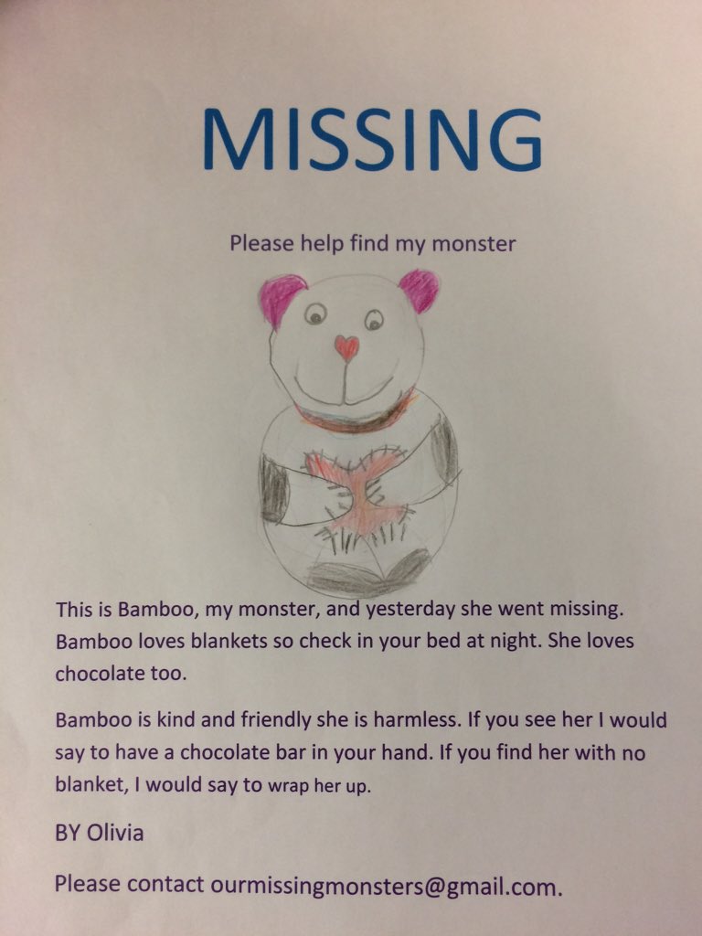 FindOurMonsters's tweet photo. And still they go missing! Olivia has now lost her monster. Please help find it. #missingmonster https://t.co/KqxQbEfn7G