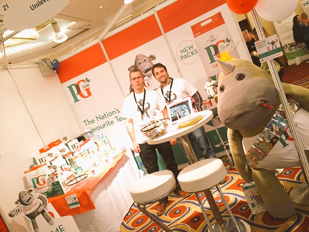 vowgreenlight's tweet photo. Monkey says - Visit @PGtips stand 21 to drop your business card &amp; win a prize every hour! #keepittea https://t.co/9PNm091d3D