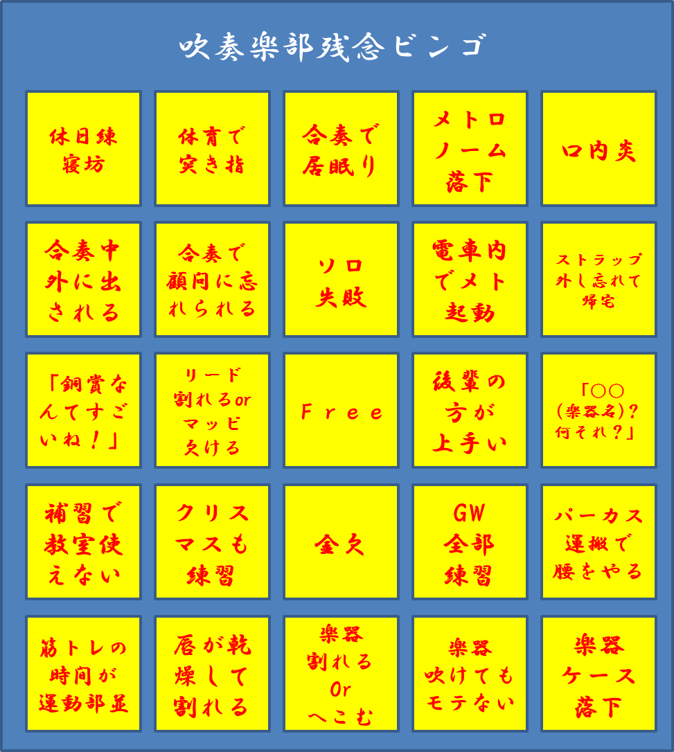 じわじわ悲しくなってくる 吹奏楽部残念ビンゴ がひそかに流行っているようです 吹奏楽部あるある 天才現れる Togetter