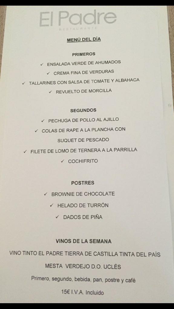 elpadremadrid's tweet photo. Menú de hoy Viernes en @elpadremadrid para coger fuerzas 👏👏👏👏 https://t.co/UgirFathHx