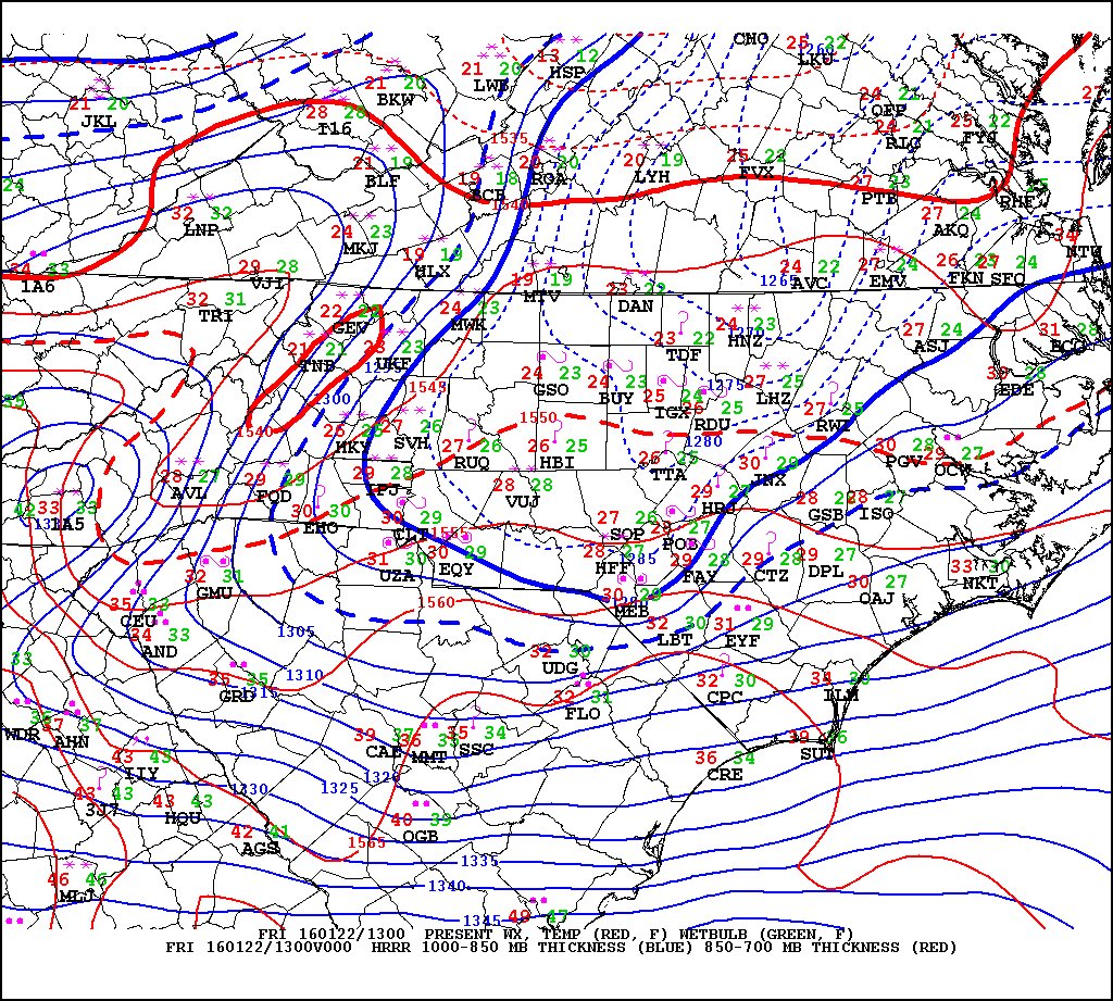 jlblaes's tweet photo. HRRR analysis of partial thicknesses show the CAD wedge with warm nose aloft producing ZR/IP in NC. #winterstom https://t.co/k0h1P6XKps