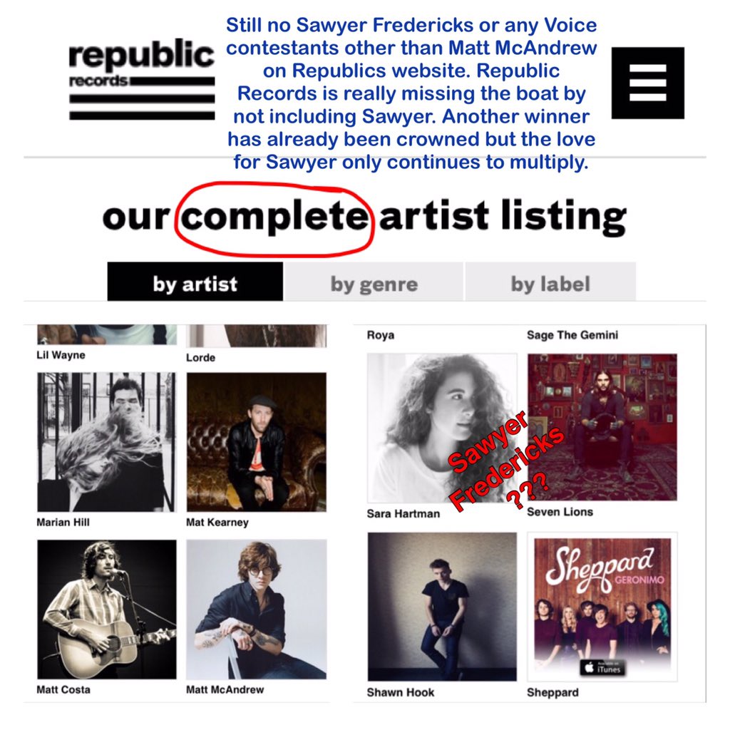 SawyerIsAnAngel's tweet photo. @RepublicRecords Why no @SawyerFrdrx on website? #1Still career exploding after @NBCTheVoice https://t.co/jaQN9EHfpK https://t.co/xw7PFMxnq6