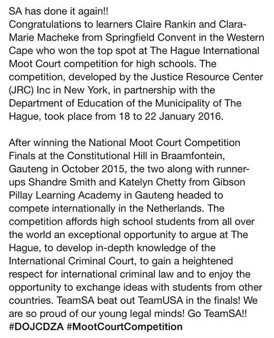 DOJCD_ZA's tweet image. TeamSA beat out TeamUSA in the finals! We are so proud of our young legal minds! Go TeamSA!! #DOJCDZA #MootCourt