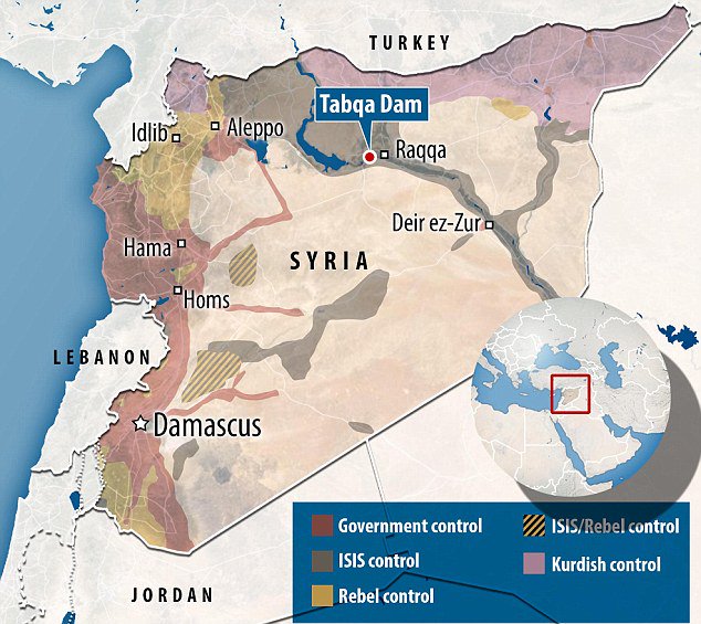 DailyMail's tweet photo. ISIS using Syria's largest dam as hideout and potential weapon https://t.co/JDxHYqOcRP https://t.co/X2mf4sYSIE