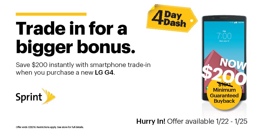 SprintCwKm's tweet image. Don't miss this great deal! This weekend only! Save $200 when you purchase the LG G4! @SprintCentralTX @CabcStone