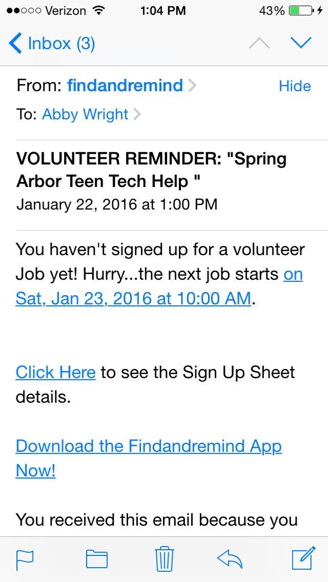 If you received this email it was a MISTAKE!!!!! Spring Arbor volunteer event tomorrow morning is CANCELED!!!!!