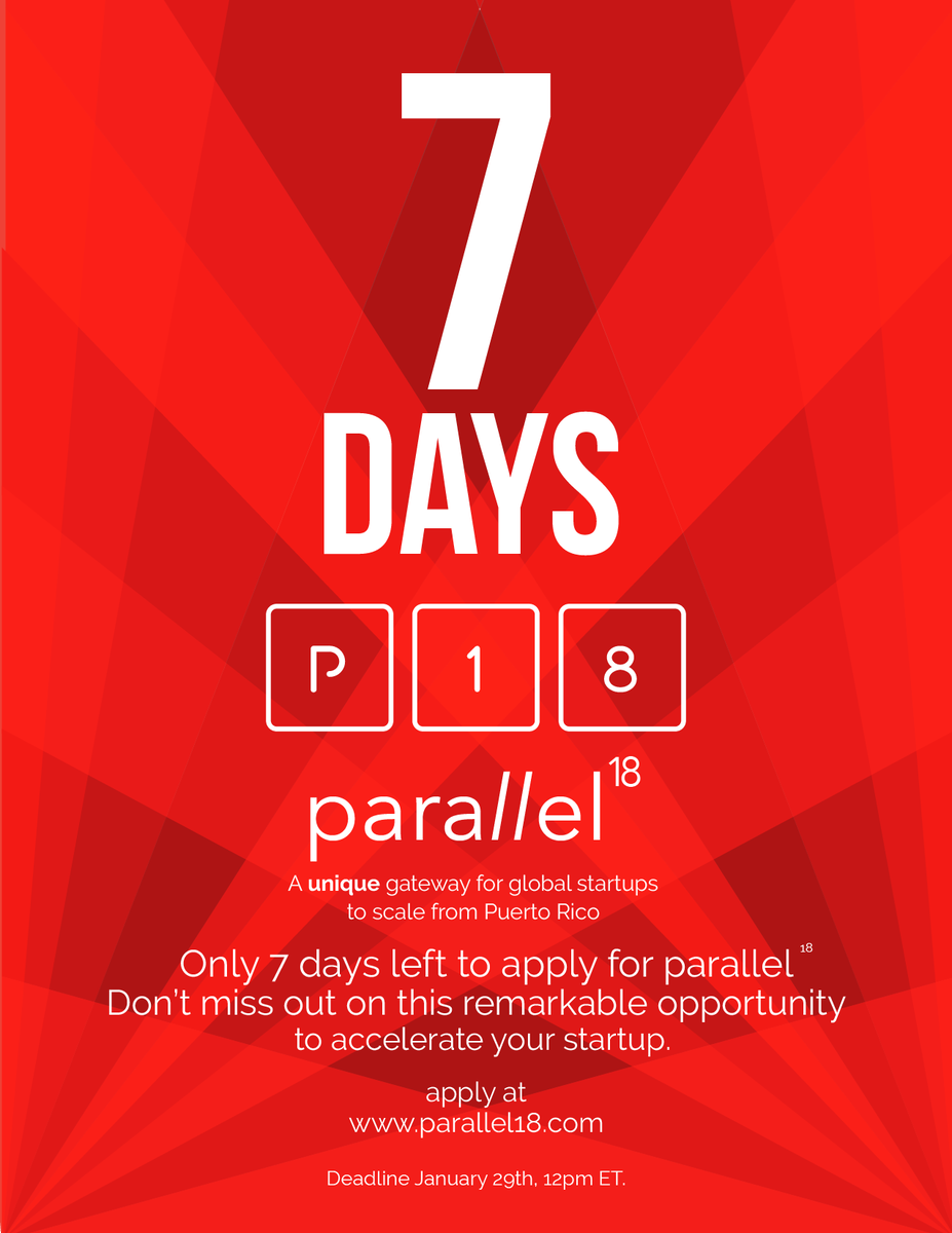 p18startups's tweet photo. Last week! Apply at https://t.co/yXajf5CodK #p18startups #startupsofPR #PuertoRico #inthemiddleoftheaction https://t.co/FO64MzIiKq