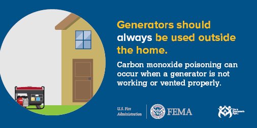 Readygov's tweet image. Power outage tip: ALWAYS use generators outside your home to prevent carbon monoxide poisoning. #SnowStorm