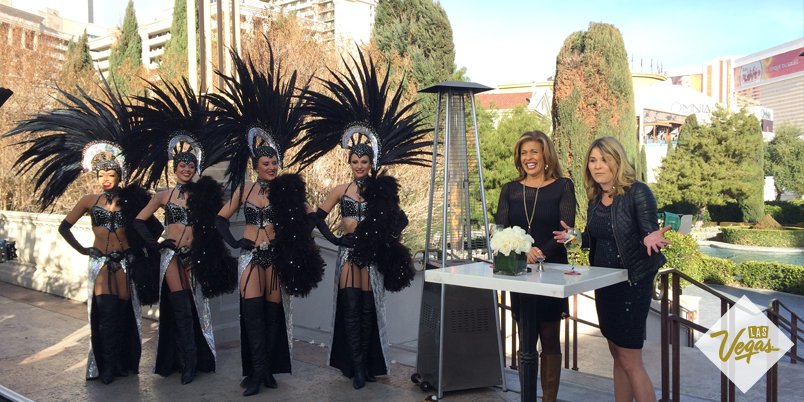 Vegas's tweet photo. More @klgandhoda from #Vegas today! @olivianj and some Las Vegas showgirls visited with @hodakotb &amp; @JennaBushHager https://t.co/xWxPpi3Gsm