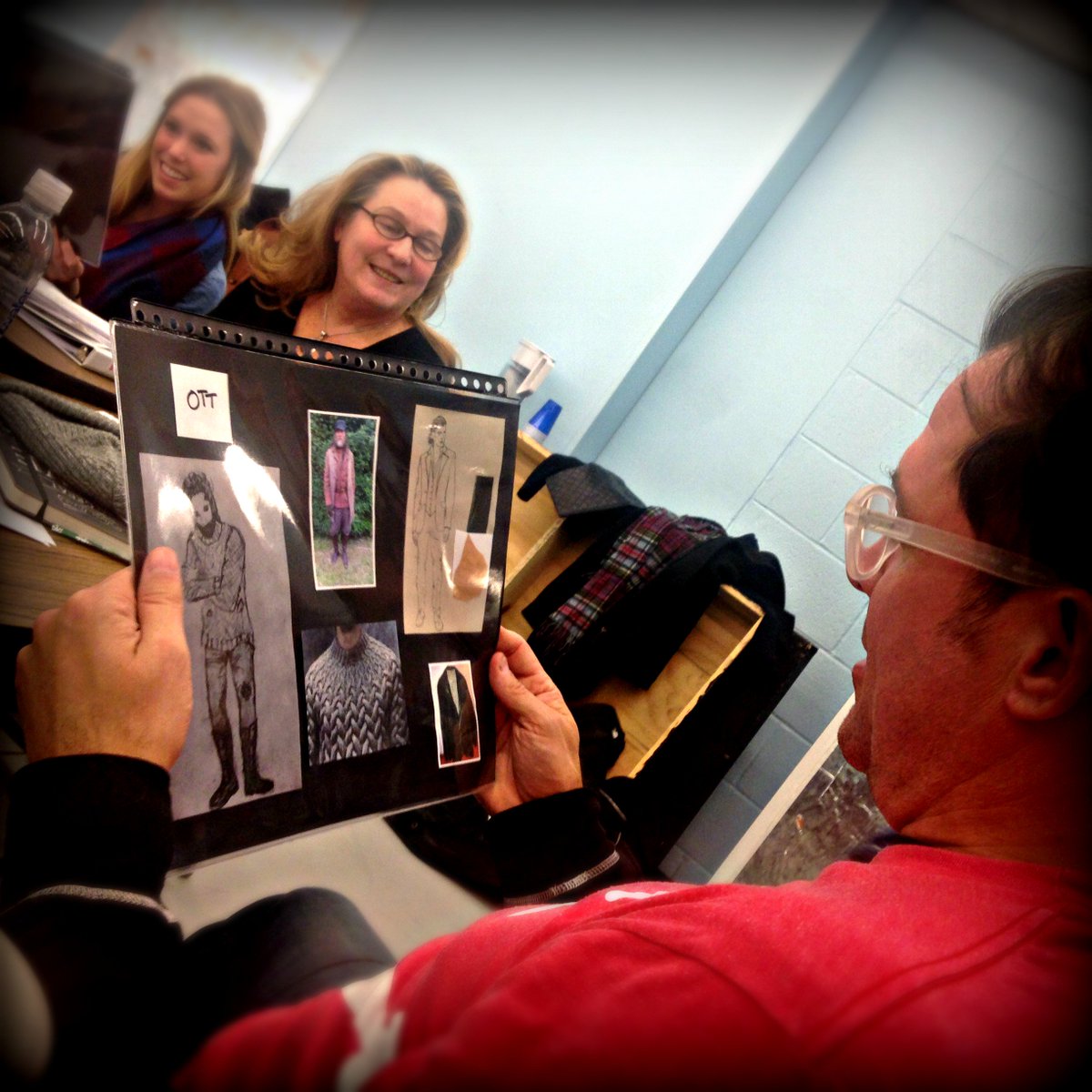 #TW1982 rehearsal pic - <a href="/FordAustin/">Austin Ford</a> looks at costume research from designer Angela Wendt. #RoomingHouse #Recluse