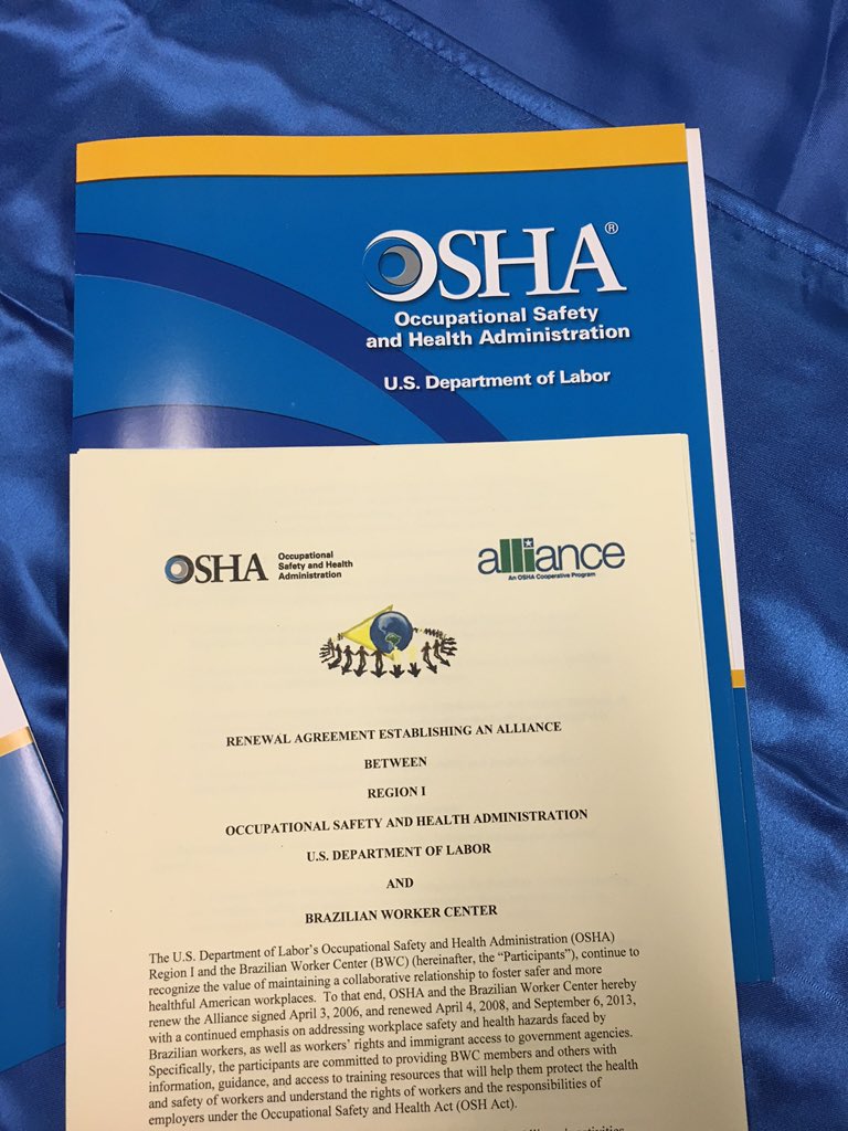 nrtracy's tweet photo. 01/21/16. Brazilian Worker Center Signs Historic New Alliance with Region One of OSHA. #osha #usdol #safety https://t.co/x7uDgq9BsP