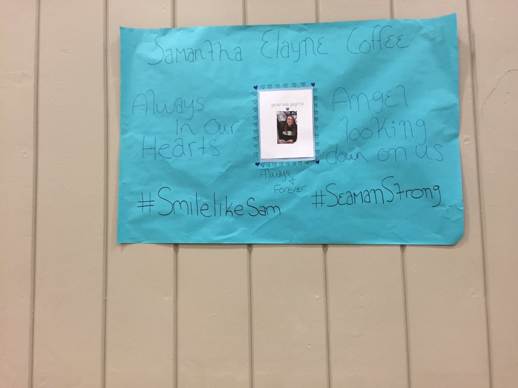 ChrisLilly_'s tweet photo. A sign in the Seaman Viking gym for Samantha Coffee who passed away on Wednesday. #smilelikesam #wibw #SeamanStrong https://t.co/6zwMF3X4w8