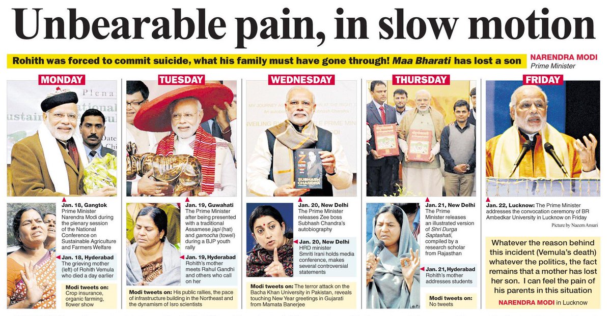 Bhayankur's tweet photo. The Telegraph front page: What the PM was doing or tweeting about, on each day since Rohith Vemula's suicide. https://t.co/teyRjM7XAb