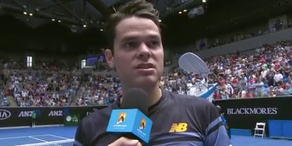 theScore's tweet photo. VIDEO: Milos Raonic dedicates victory to Canadian community affected by school shooting. https://t.co/f6EhRtIxru https://t.co/TzxA6gvVFd