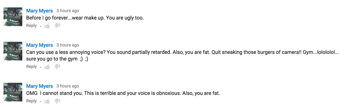 MindOverMunch's tweet photo. Mary REALLY wants me to know that she thinks I'm fat, ugly, and have a terrible voice. #ilovecomments https://t.co/pEWzN53Zlg