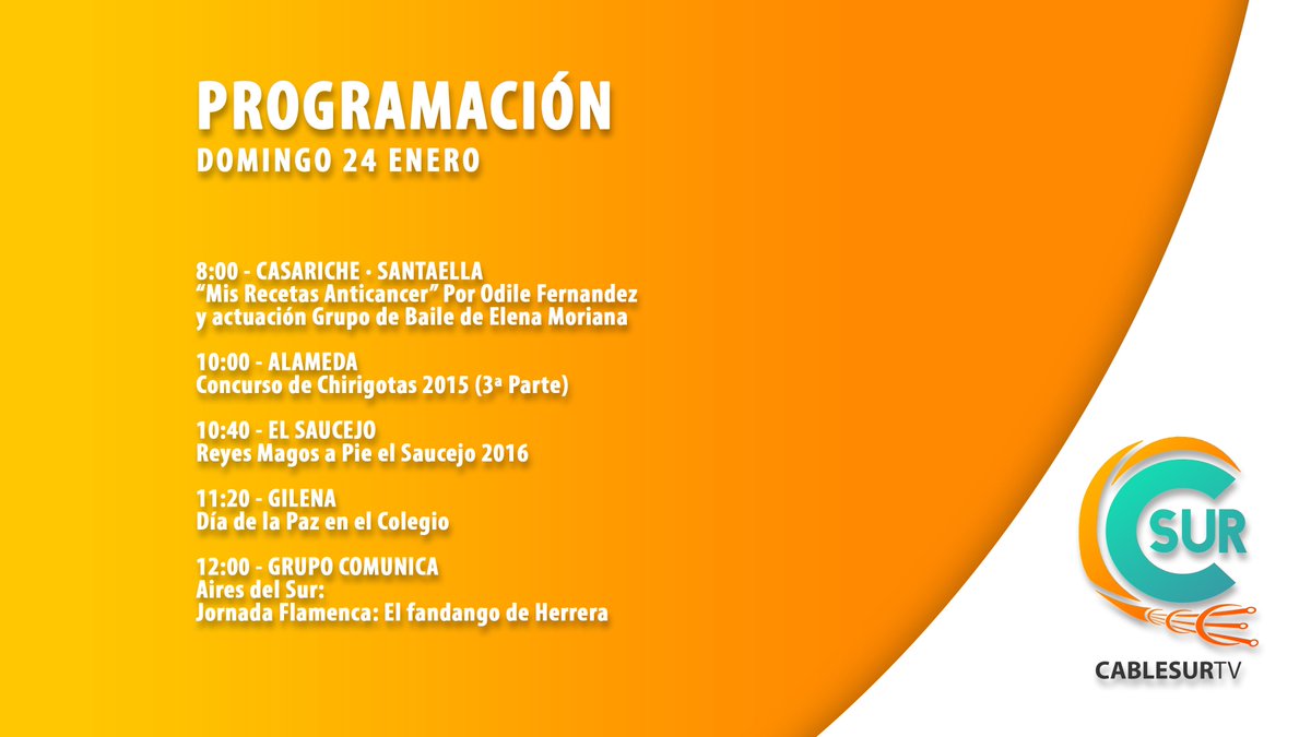 Cablesur_TV's tweet photo. PROGRAMACIÓN
DOMINGO 24 ENERO https://t.co/URLc5n9mMj