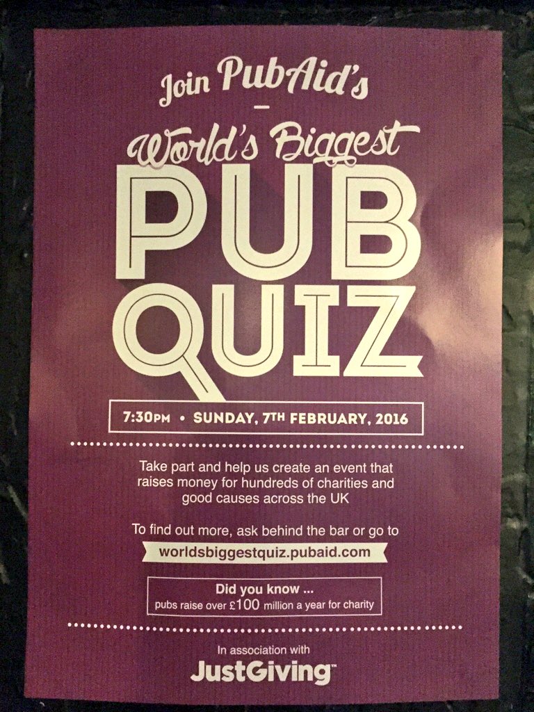 Book a table now for the Worlds Biggest Pub Quiz Sunday 7th February @ 7:30pm! Get your lucky pants on &amp; join in!!
