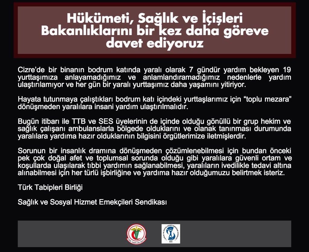 140journos's tweet photo. .@ttborgtr ve @sesgenelmerkezi'nden  #Cizre'de bulunduğu belirtilen yaralılar için bir açıklama yapıldı. https://t.co/M2vUF5obaZ