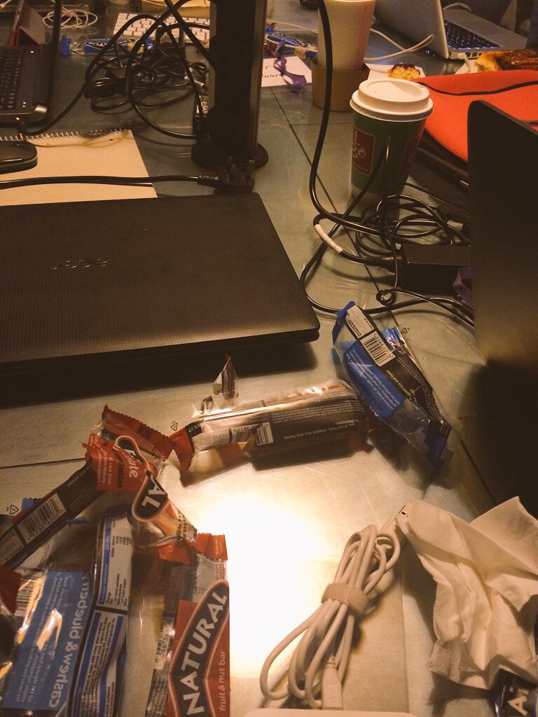 PushUpProject's tweet photo. The coffee cups and energy bars are starting to pile up #hackmakethebank #teambuild https://t.co/HoaGZJRN8l