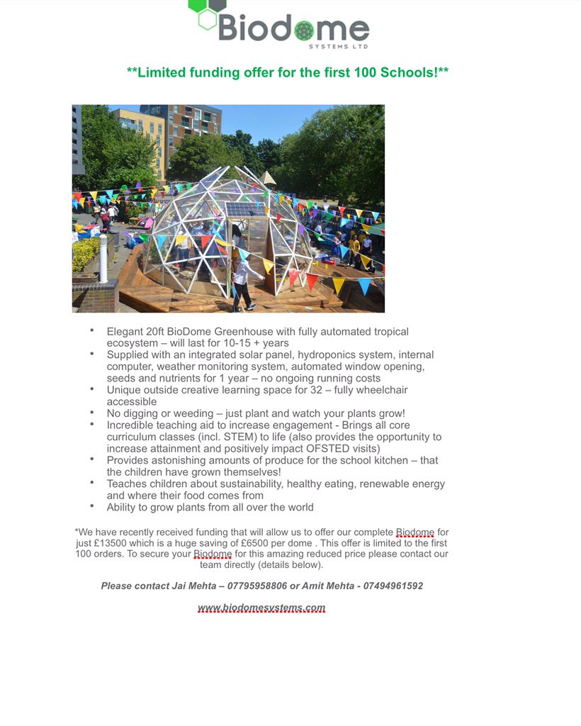 BiodomesUK's tweet photo. Special offer for half price Biodome to first 100 schools to order #specialoffer #schools #bargain https://t.co/6dEUrQCZNp