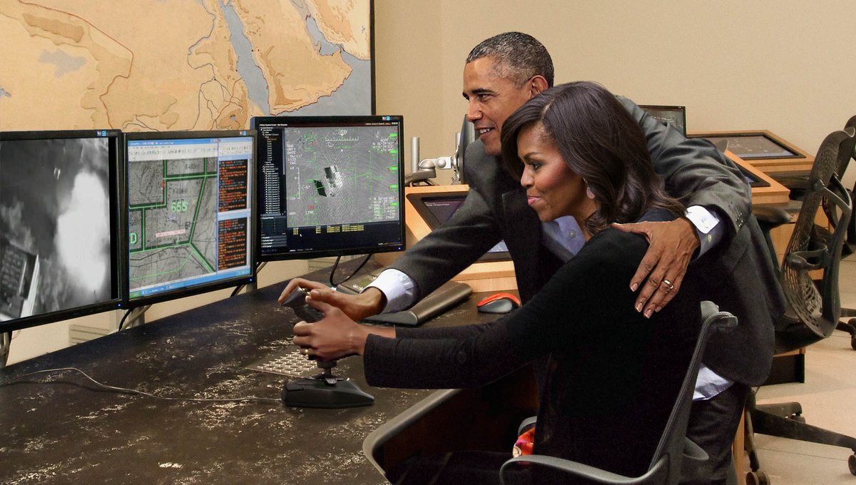 TheOnion's tweet photo. Obama Gently Guides Michelle’s Hand As She Maneuvers Drone Joystick https://t.co/GeWuBTx0Uo https://t.co/CdLQfSWI5A