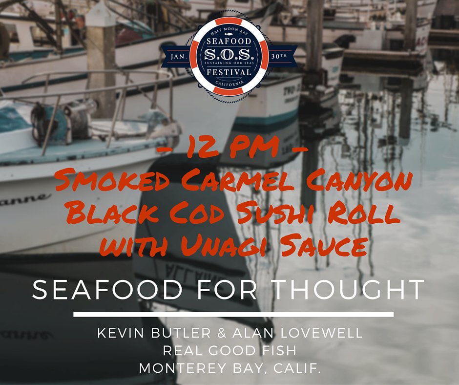 sosfesthmb's tweet photo. ⚓️ #PortOfCall @RealGoodFish 's Kevin Butler & Alan Lovewell show a Black Cod Sushi Roll! #ChefDemo #SOSFestHMB https://t.co/7lzU9d18ea