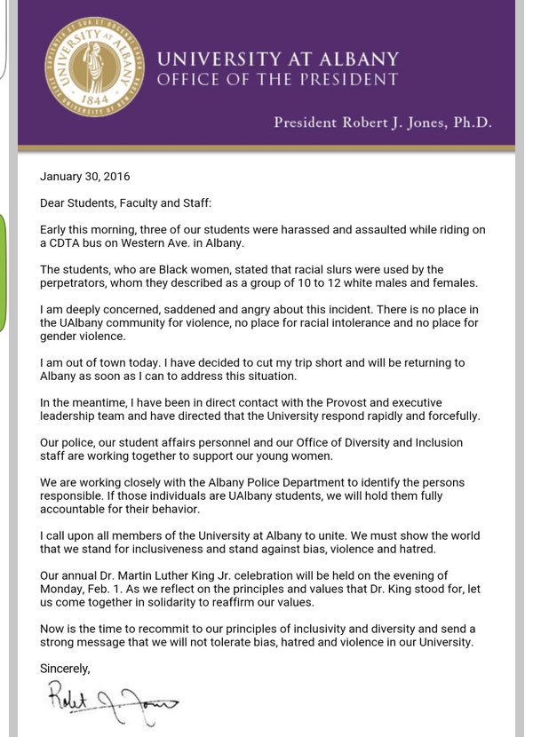 UAlbanyNews's tweet photo. Please see a statement from #UAlbany President Jones regarding last night’s events => https://t.co/SeOsEGqqOB https://t.co/eNGXz7zb8I