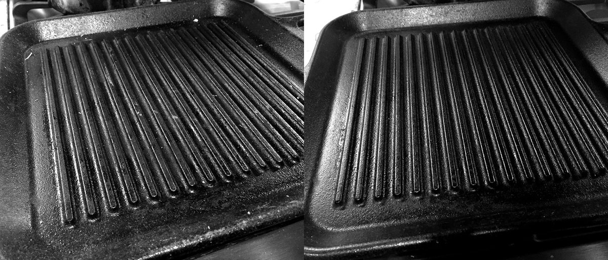 OriginalSaltbag's tweet image. Original Saltbag strikes again! Another clean cast iron pan—this time a ribbed grill! Grimy pan got rump kicked!