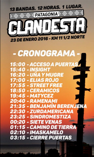 Cronograma oficial #PCF2016! 
con lluvia o viento, #PatagoniaClandesta va si o si ;) 
los esperamos Km 11 1/2 Norte.