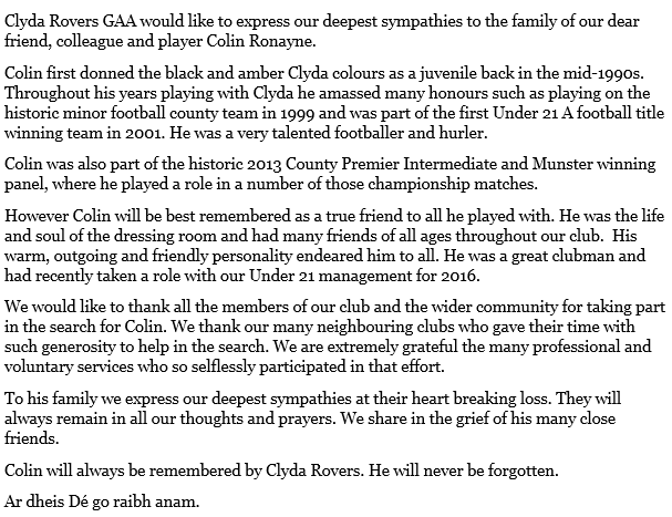 clydaroversgaa's tweet photo. A tribute to our great friend Colin Ronayne. RIP. https://t.co/oWMeIpna5H