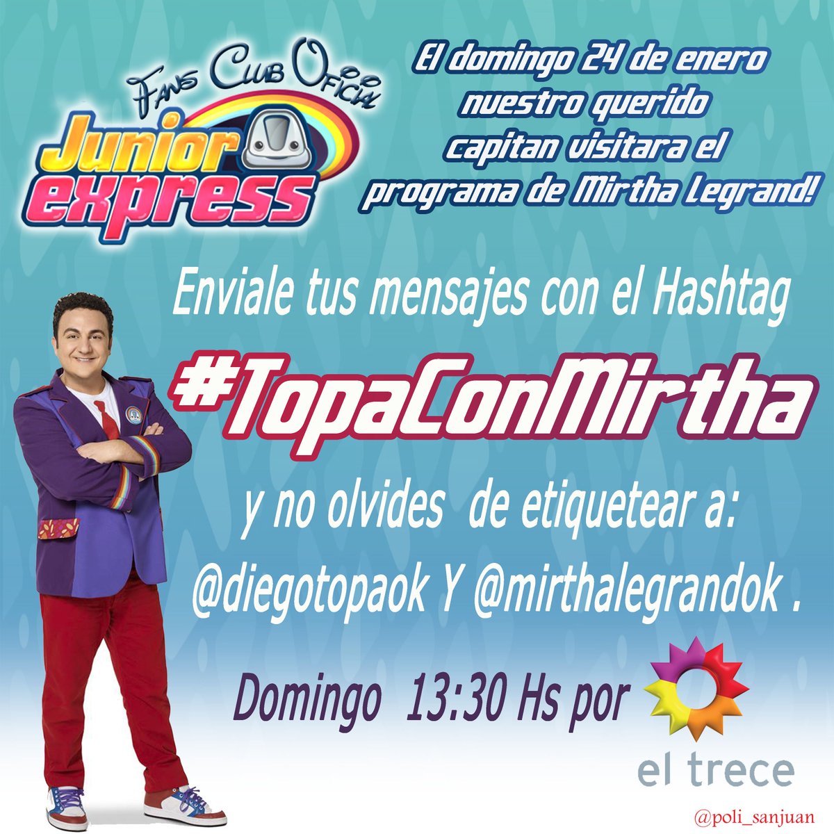 FCJuniorExpress's tweet photo. #TopaConMirtha
este domingo @diegotopaok estara junto a @mirthalegrandok por @eltreceoficial esperamos tus mensajes! https://t.co/YTQMra4SeI