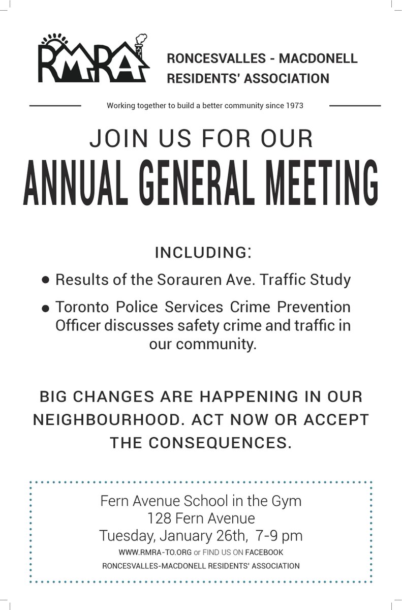RMRA_TO's tweet photo. If you are a Roncesvalles resident and care about the 'hood, join us at 7pm on Jan 26th https://t.co/n15agBF8vV