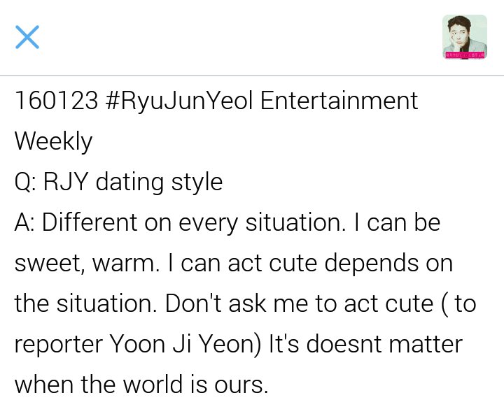 ryuyeolstar's tweet photo. 160123 #RyuJunYeol Entertainment Weekly
Q: Ryu Jun Yeol's dating style https://t.co/YaQWssxPTd