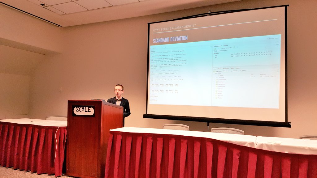 LearningNerd's tweet photo. Daniel Willis is 12 years old &amp; he's giving a #scale14x talk on how to become a data scientist. I'm learning a lot! https://t.co/4DS1FDBxSn