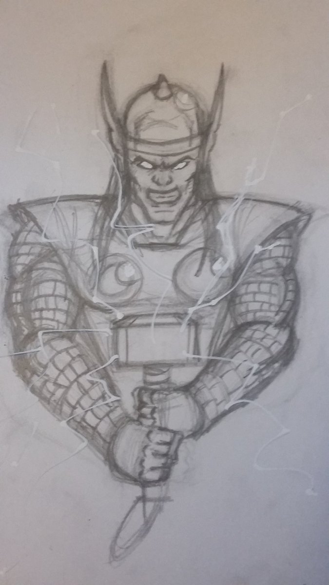 ComicJester's tweet photo. #Thor on comic backing board. Pencil plus a white out pen for the eyes/lightning effects. https://t.co/SF4Pqi6QYi