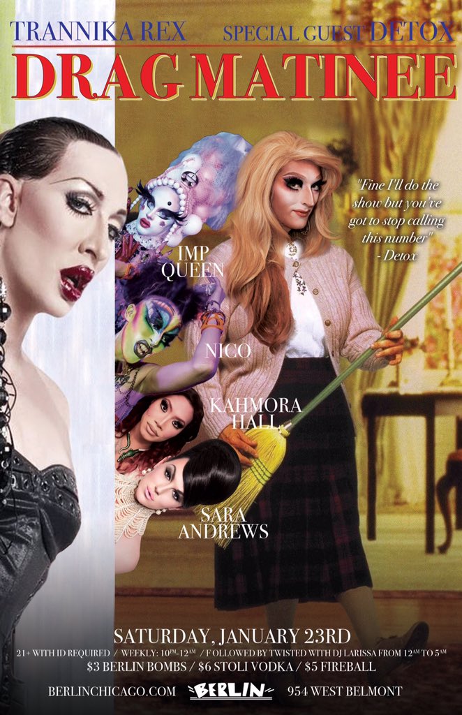 trexinchicago's tweet photo. 2nite at #DragMatinee!
@TheOnlyDetox
@MissSaraAndrews
@NicozWorld
@KahmoraHall
@RubyDeesNipples
#ImpQueen
10pm-12am! https://t.co/g3TSEdyXN5