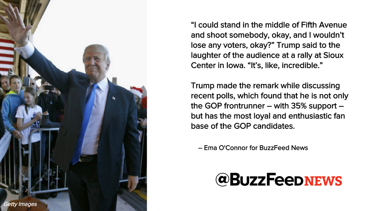 BuzzFeedNews's tweet photo. .@realDonaldTrump Says He Could Shoot Someone And Not Lose Any Votes https://t.co/1gZ1HrdVY7 https://t.co/NtcSqpIzPf